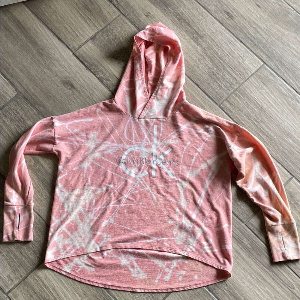 Calvin Klein Pink and White Distressed Tie-Dye Hoodie with Thumb Hole Sleeves
